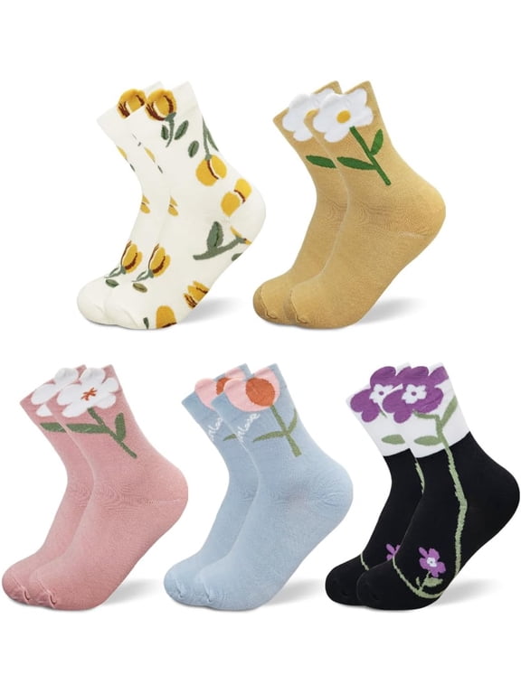 Floral Crew Socks – 5 Pairs Flower Graphic Soft Cotton Socks for Women, Teen Girls – for Sandals, – Cute Vibrant Colors