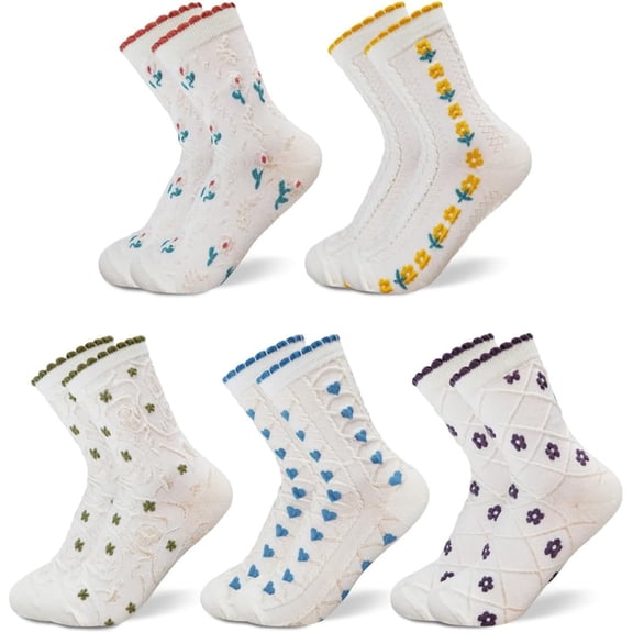 Floral Crew Socks – 5 Pairs Flower Graphic Soft Cotton Socks for Women, Teen Girls – for Sandals, – Cute Vibrant Colors