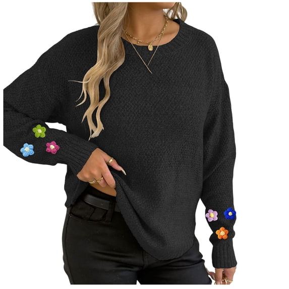 Floral Crewneck Sweaters Womens Fall Chunky Knit Pullover Tops Loose Fashion Long Sleeve Ladies Sweater Black, L