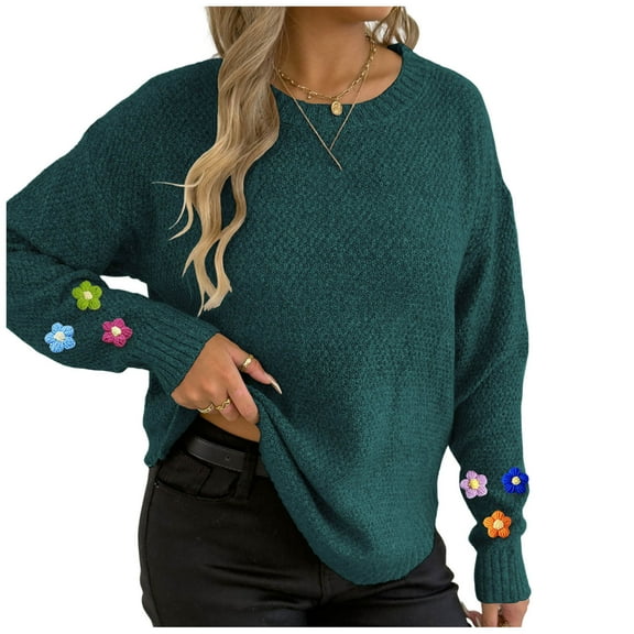 Floral Crewneck Sweaters Womens Fall Chunky Knit Pullover Tops Loose Fashion Long Sleeve Ladies Sweater Green, S