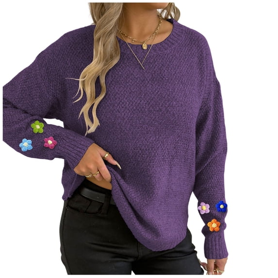 Floral Crewneck Sweaters Womens Fall Chunky Knit Pullover Tops Loose Fashion Long Sleeve Ladies Sweater Purple, M