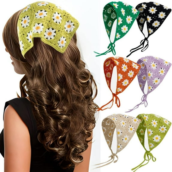 Floral Crochet Hair Bandanas Headscarf Knitted Hair Scarves Crochet Hair Kerchief Daisy Headband Headwrap