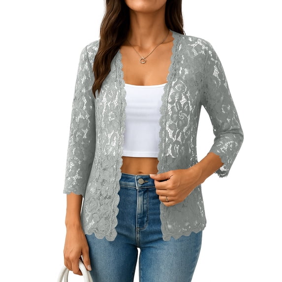 Women's 3/4 Sleeve Bolero Shrugs Crochet Lace Open Cardigan Gray M