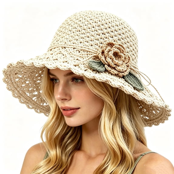 Floral Crochet Straw Sun Hat for Women, Breathable Foldable Wide Brim Beach Travel Hat