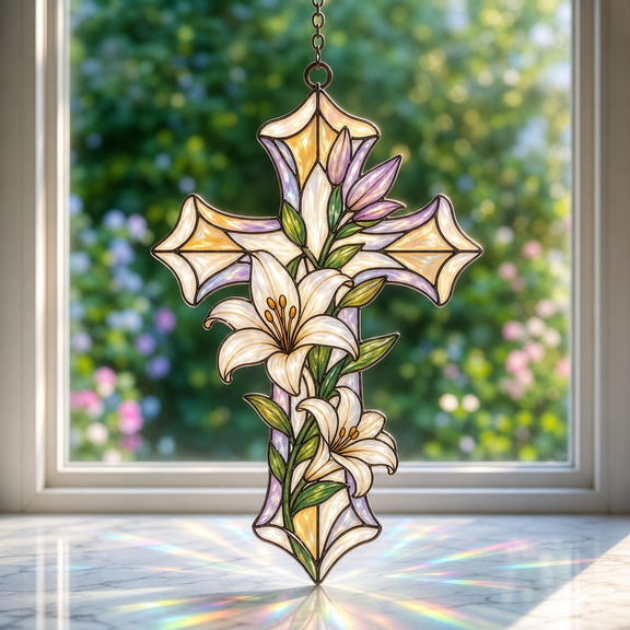 Floral Cross Acrylic Suncatcher Window Hanging, Stained Glass Style Faith Gift