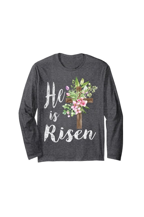 Floral Cross He is Risen Vintage Long Sleeve T-Shirt for Happy Easter Celebrations