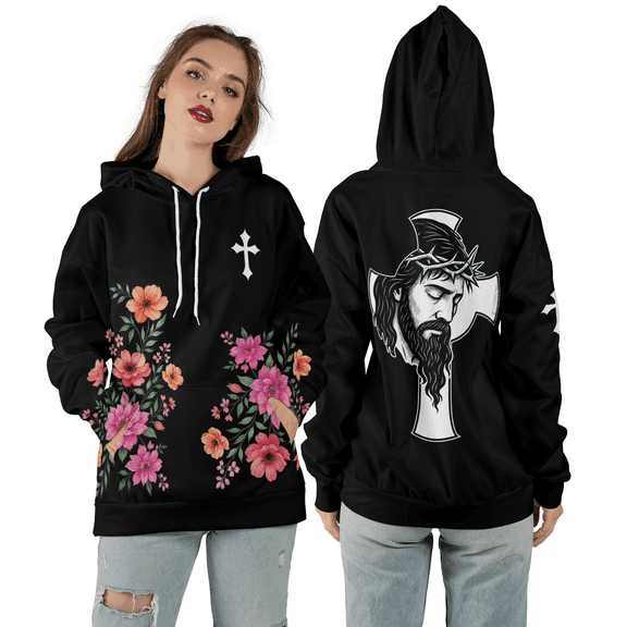 Floral Cross Jesus 3D Hoodie, Christian Flower Faith 3D Print Hoodie, Religious Cross Jesus All-Over Print Hooded Sweatshirt