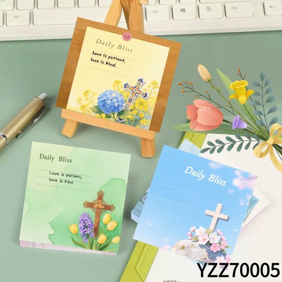 Floral Cross Notepads for Inspirational Notes 3.54x3.54" Avocado Message Cards - 100 Pcs Sticky Notes + 100 Various Emoticon Stickers, Notepads for Creative Mini Cards for Home Office Decor