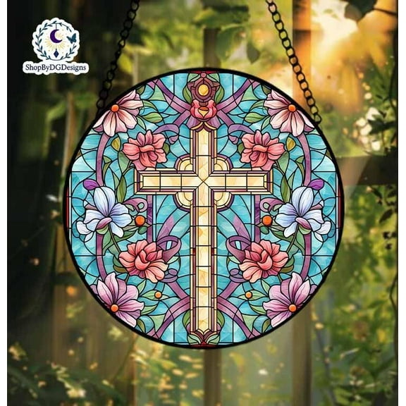 Floral Cross Stained Glass Suncatcher, Christian Window Decor, Easter Sun Catcher, Religious Gift, Elegant Hanging Ornament 4296975058