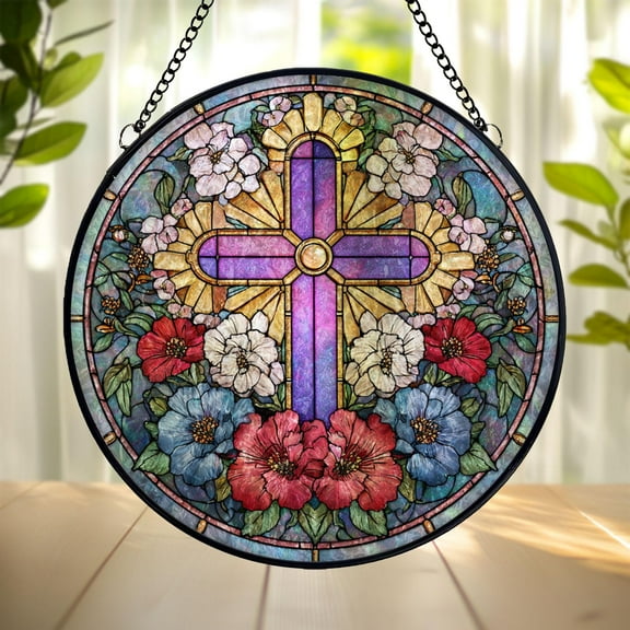 Floral Cross Suncatcher, Stained Glass Style Acrylic Window Hanging, Christian Inspired Home Decor
