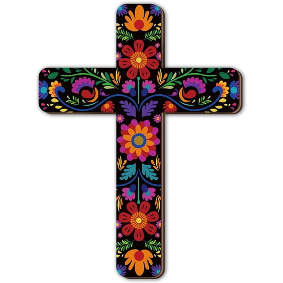 Floral Cross Wall Decor Hand Painted Decorative Inspirational Wooden Cross Mexican Art Wall Decor Mexican Crucifix for Home Room Church Decoration(Retro Style)