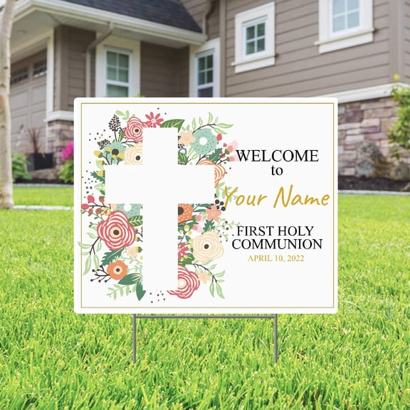 Floral Cross Welcome to (your name) First Holy Communion Sign