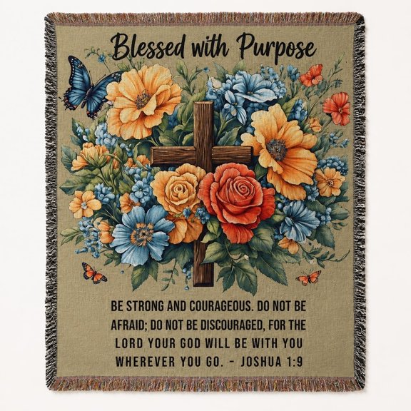 Floral Cross Woven Cotton Throw Blanket with Fringe, Faith Scripture Home Decor, Made in USA