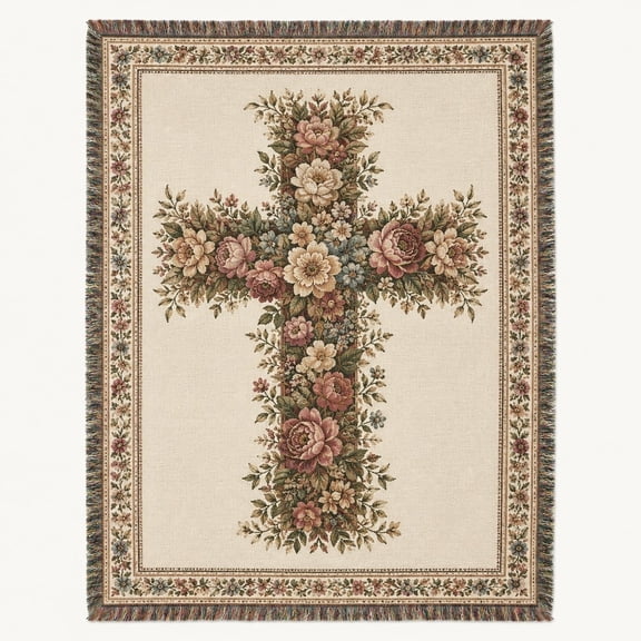 Floral Cross Woven Cotton Throw Blanket with Fringe | Tapestry Style | 3 Sizes