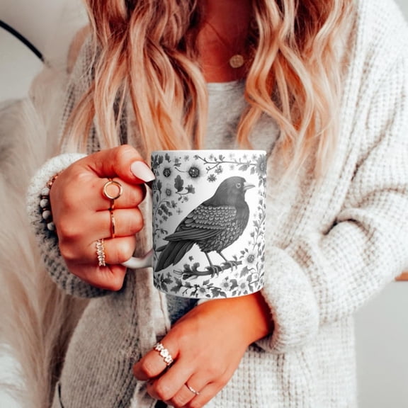 Floral Crow Coffee Mug Medieval Gothic Style, Bird Lover Gift.
