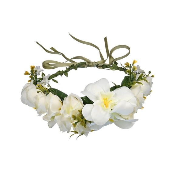 Floral Crown Bridal Headpiece Flower Headband with Ribbon, Children Knitting Headband Hair Wreath Garland Headbands for Party Events Festival Beige