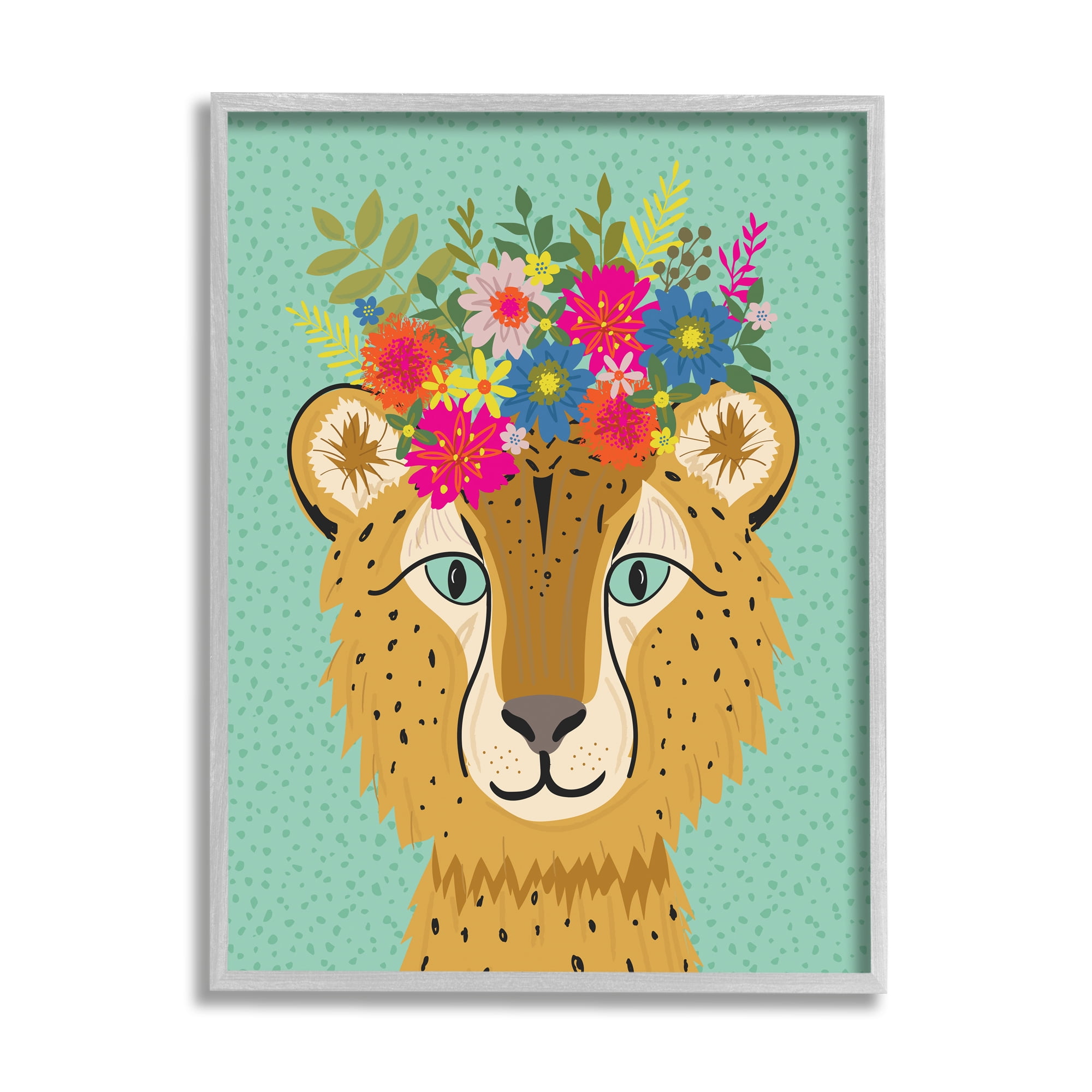 Floral Crown Cheetah Spotted Fur Playful Animal 16 in x 20 in Framed Painting Art Prints, by Stupell Home Décor