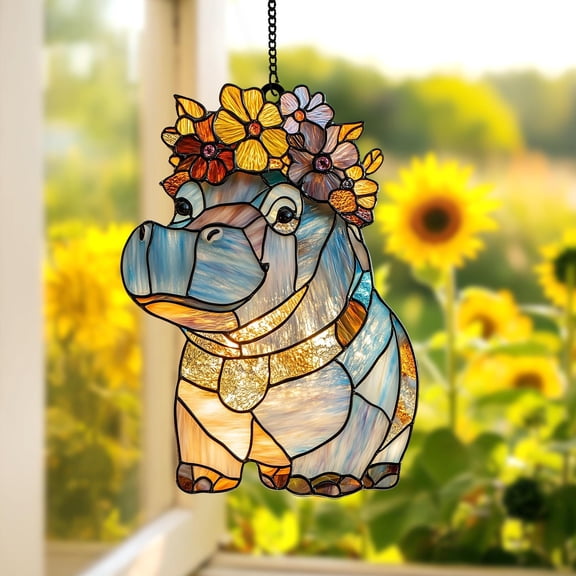 Floral Crown Hippo Acrylic 2D FLAT Suncatcher – Faux Acrylic Window Hanging with Cute Hippo and Wildflowers, Whimsical Animal Decor