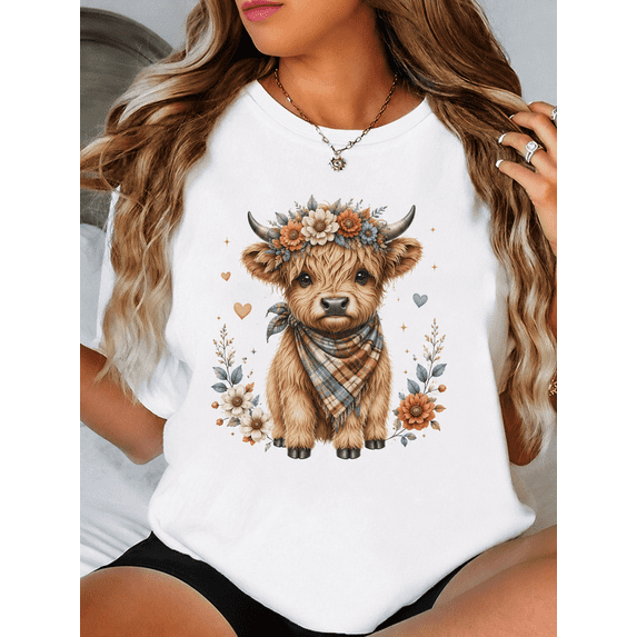 Floral Crown Plaid Bandana Highland Cow Graphic T-Shirt Women Vintage Fall Flower Baby Cow Western Country Farm Short Sleeve Casual Tee