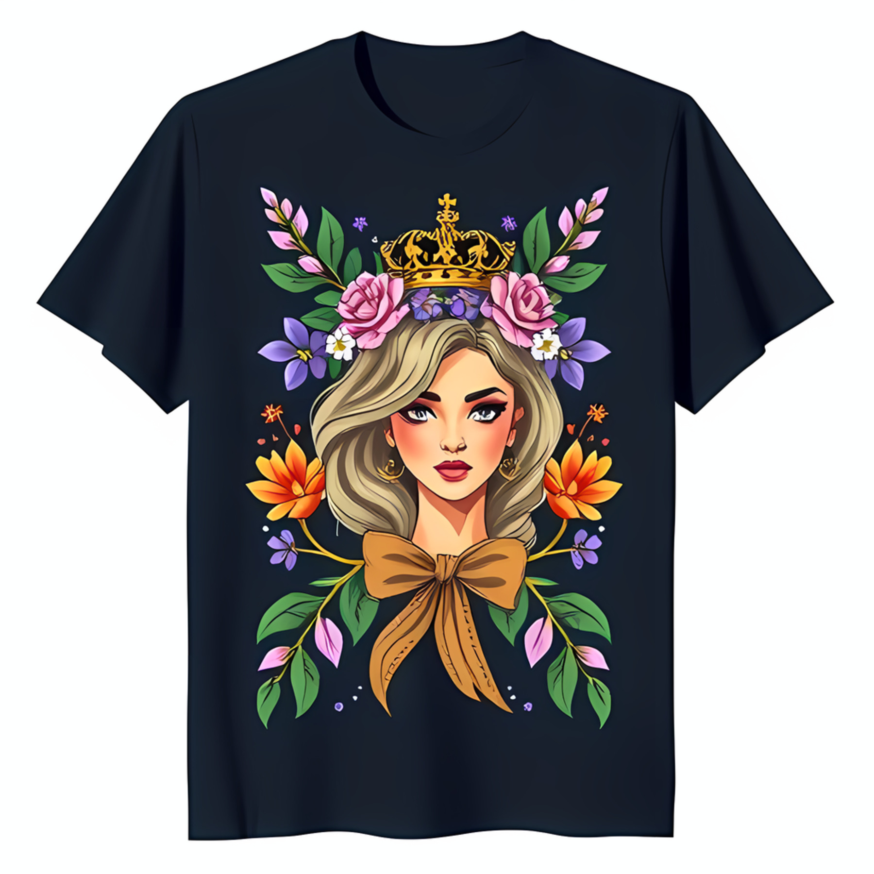 Floral Crown Woman Graphic Tee Illustration on Blue TShirt