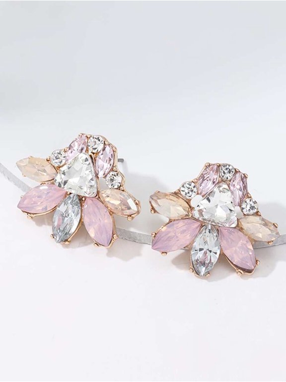 Floral Crystal Stud Earrings Pink Rose Gold-Tone With Pink And Clear Rhinestones