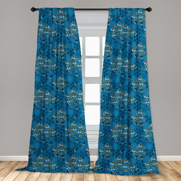 Floral Curtains 2 Panels Set, Abstract Botany Pattern with Dots and Leafy, Window Drapes for Living Room Bedroom, 56"W X 63"L, Sea Blue Amber, by Ambesonne