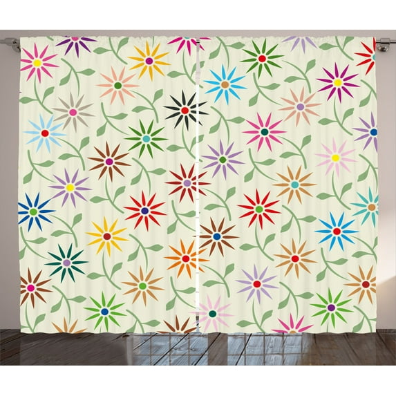 Ambesonne Floral Curtains 2 Panel Set, Colorful Graphic Garden, 108" x 96", Multicolor