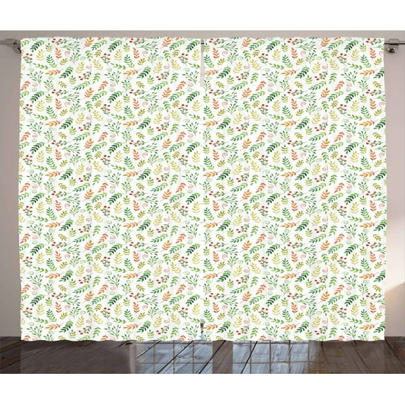 Floral Curtains 2 Panels Set, Autumn Concept Gentle Leaves with Tiny Flowers Watercolor Brush Stroked Pattern, Window Drapes for Living Room Bedroom, 108W X 108L Inches, Multicolor, by Ambesonne