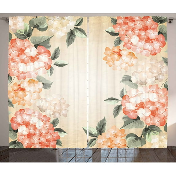 Ambesonne Floral Curtains 2 Panel Set, Blooming Hydrangea Flowers, 108" x 84", Reseda Green Salmon