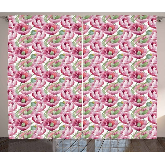 Floral Curtains 2 Panels Set, Blooming Summer Garden Flowers Buds and Pistils Watercolor Illustration, Window Drapes for Living Room Bedroom, 108W X 84L Inches, Magenta and Fern Green, by Ambesonne