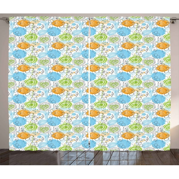 Ambesonne Floral Curtains 2 Panel Set, Doodle Leaves and Hearts, 108" x 90", Lime Green Sky Blue