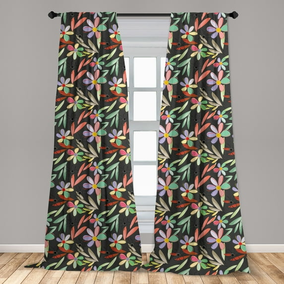 Floral Curtains 2 Panels Set, Colorful Spring Blooms with Vibrant Petals on a Dark Toned Backdrop Abstract Nature, Window Drapes for Living Room Bedroom, 56"W X 63"L, Multicolor, by Ambesonne