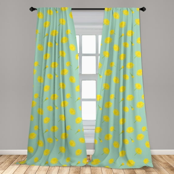 Floral Curtains 2 Panels Set, Continuous Pattern with Dandelion Flower Buds, Window Drapes for Living Room Bedroom, 56"W X 84"L, Mint Green Apple Green, by Ambesonne
