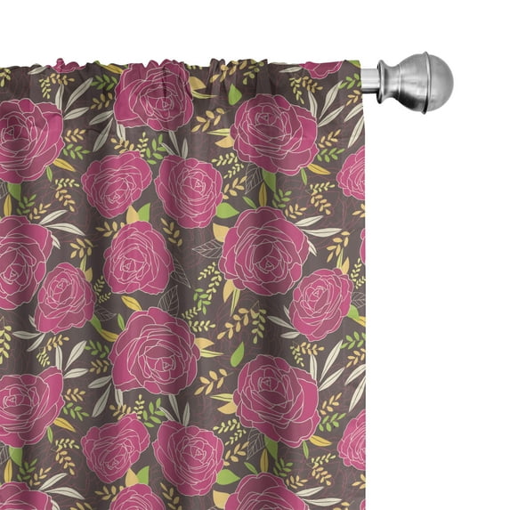 Floral Curtains 2 Panels Set, Detailed Silhouettes of Roses and Leaves, Window Drapes for Living Room Bedroom, 56"W X 84"L, Magenta Dark Warm Taupe, by Ambesonne