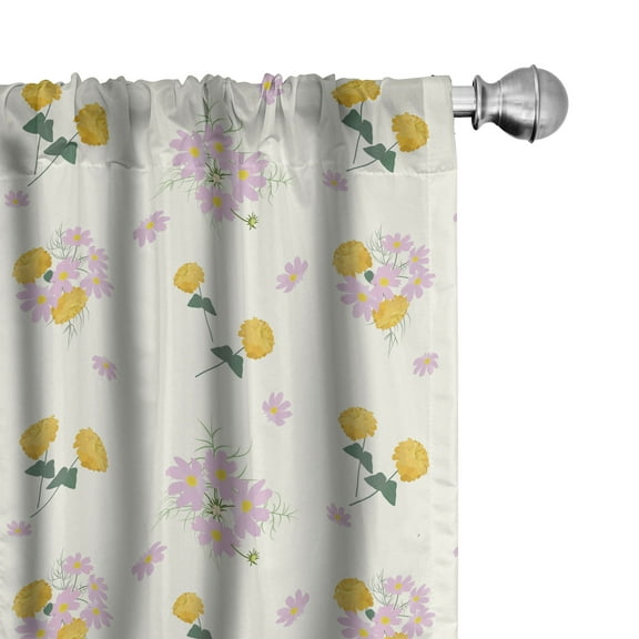 Floral Curtains 2 Panels Set, Digitally Generated Cosmea and Zinnia Flowers Botanic Art, Window Drapes for Living Room Bedroom, 56"W X 95"L, Mustard Reseda Green, by Ambesonne