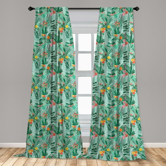 Floral Curtains 2 Panels Set, Expressionist Pink Tulips Flowers Foliage Summer Ferns Paradise Exotic Hawaiian, Window Drapes for Living Room Bedroom, 56"W X 63"L, Multicolor, by Ambesonne