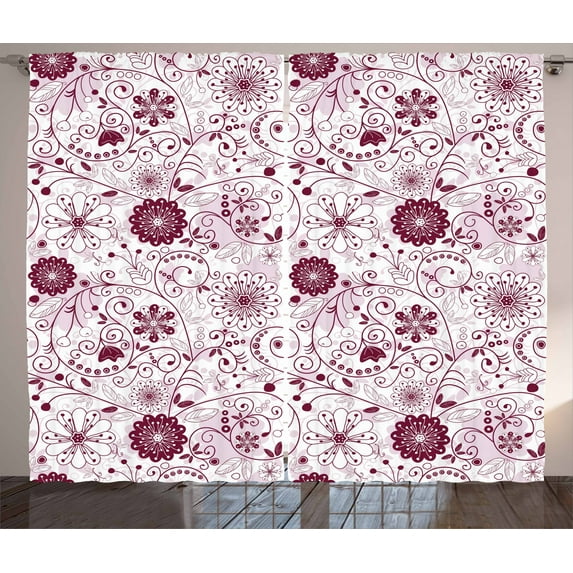 Ambesonne Floral Curtains 2 Panel Set, Vibrant Baroque, 108" x 108", Maroon Rose