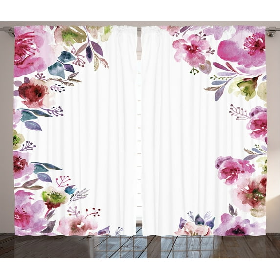 Ambesonne Bridal Curtains 2 Panel Set, Romantic Blossom Flowers, 108" x 63", Fuchsia Green Blue