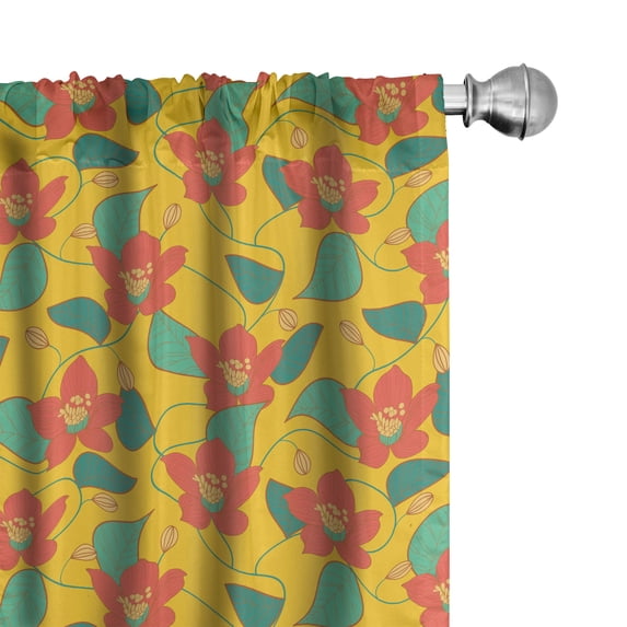 Floral Curtains 2 Panels Set, Flowering Meadow Retro Cottage Cabin Yard Pattern Countryside Theme, Window Drapes for Living Room Bedroom, 56"W X 84"L, Dark Coral Yellow, by Ambesonne
