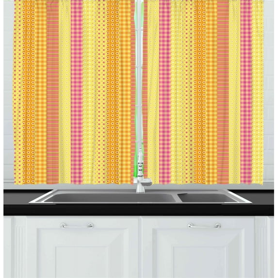 Floral Curtains 2 Panels Set, Flowers Stars Stripes Mix Patchwork Style Motif Kids Baby Playroom Design, Window Drapes for Living Room Bedroom, 55W X 39L Inches, Yellow Marigold Pink, by Ambesonne