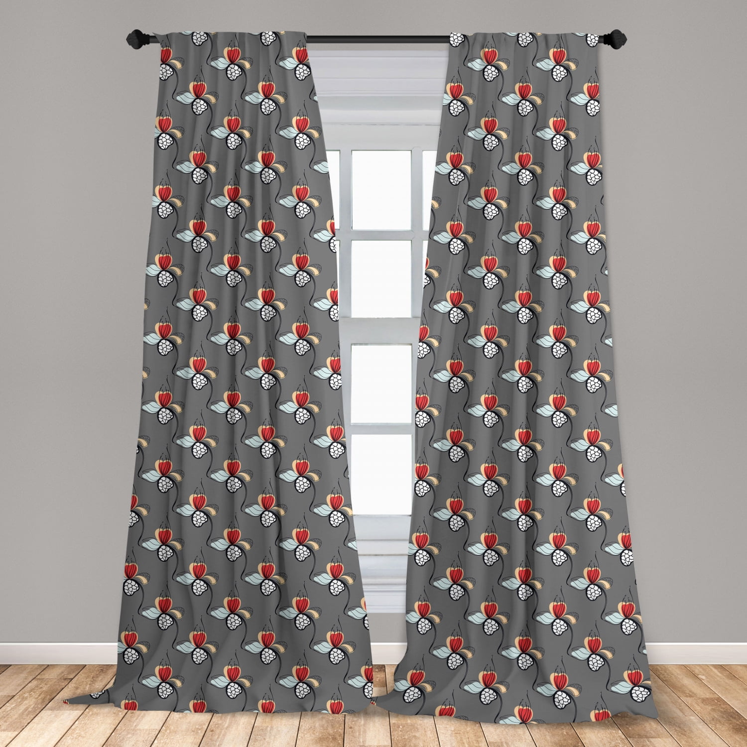 Floral Curtains 2 Panels Set, Hand Drawn Style Creative Flowers with ...
