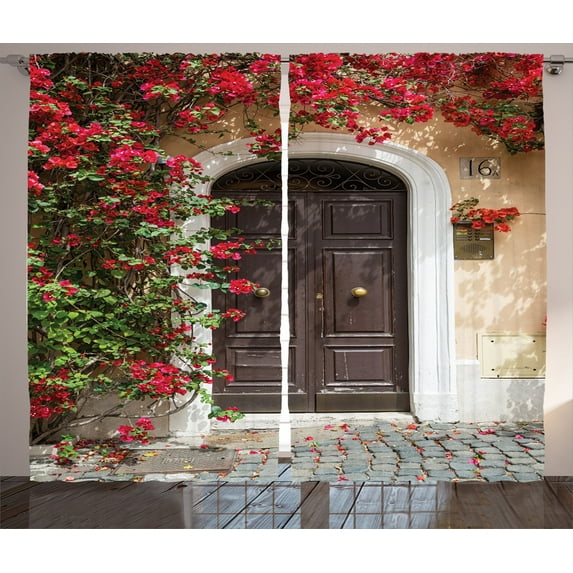Ambesonne Moroccan Curtains 2 Panel Set, Old Door with Flowers, 108" x 90", Multicolor