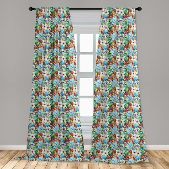 Floral Curtains 2 Panels Set, Pattern of Watercolor Effect Tropic Flowers and Leaves Graphic, Window Drapes for Living Room Bedroom, 56"W X 63"L, Multicolor, by Ambesonne