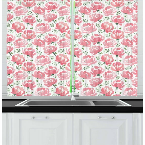 Floral Curtains 2 Panels Set, Stamped Design of Retro Peony Flower Petals and Wild Herbs Watercolor Technique, Window Drapes for Living Room Bedroom, 55W X 39L Inches, Pale Pink Green, by Ambesonne