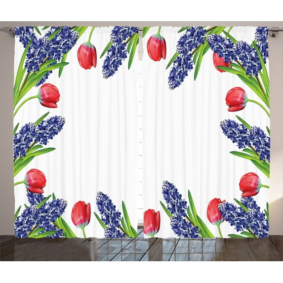 Ambesonne Floral Curtains 2 Panel Set, Blossom Spring Flowers, 108" x 90", Red Purple Green