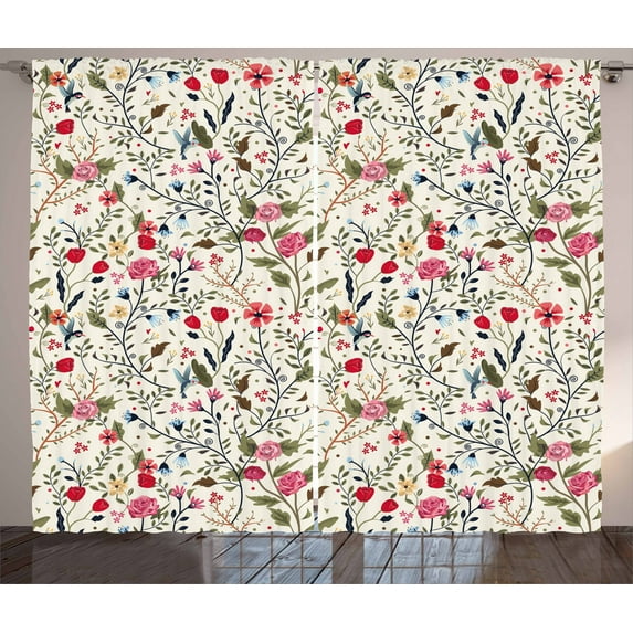 Ambesonne Floral Curtains 2 Panel Set, Birds Roses Polka Dots, 108" x 63", Multicolor