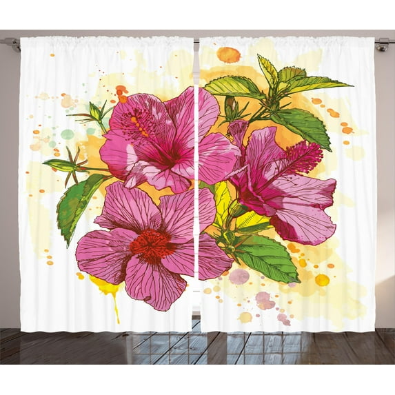 Ambesonne Floral Curtains 2 Panel Set, Vibrant Hibiscus Flower, 108" x 90", Earth Yellow Fuchsia