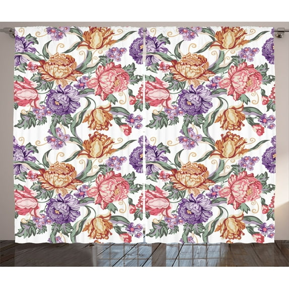 Ambesonne Floral Curtains 2 Panel Set, Retro Flowers and Curls, 108" x 108", Multicolor