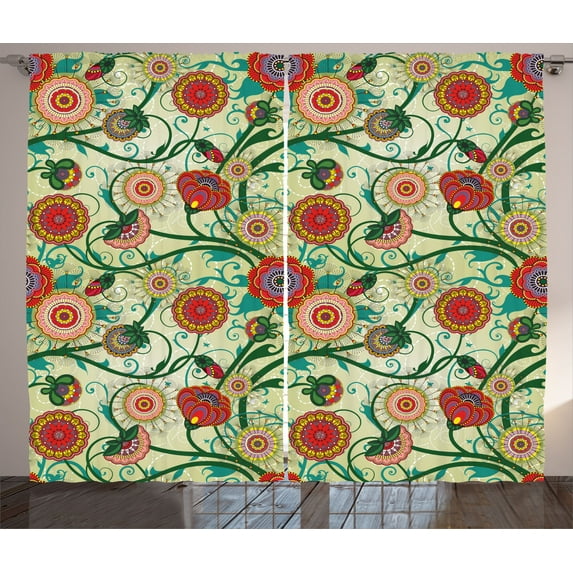 Ambesonne Floral Curtains 2 Panel Set, Vintage Colorful Ornate, 108" x 96", Multicolor