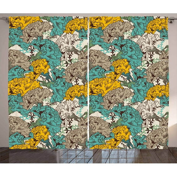 Ambesonne Floral Curtains 2 Panel Set, Drawing Style Vintage, 108" x 96", Earth Yellow Turquoise